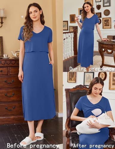 Ekouaer Womens Nursing Dress Breastfeeding Summer V Neck Maternity Dresses - color: Dark Blue, size: Medium