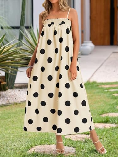 Wenrine Womens Polka Dot Maxi Dress Spaghetti Strap Long Summer Dresses - color: White, size: Small