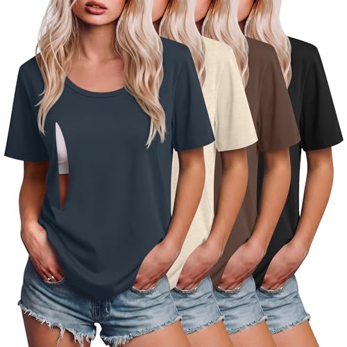 Ficerd 4 Pack Women's Maternity Nursing Shirts - color: Dark Blue, Beige, Brown, Black, size: Small