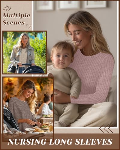 3 Pack Maternity Nursing Ribbed Long Sleeve Tops - color: Apricot, Coffee, Pink, size: Medium