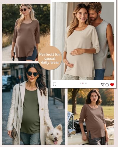 3 Pack Women's 3/4 Sleeve Maternity Loose Crewneck Tops - color: Coffee, Cream, Army Green, size: X-Large