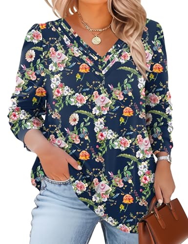 TFSDOD Plus Size Tops for Women Long Sleeve V Neck Shirts Dressy Casual Blouse Loose Fit Basic Tee Tshirt(1X-5X) - color: Nbf, size: XX-Large Plus
