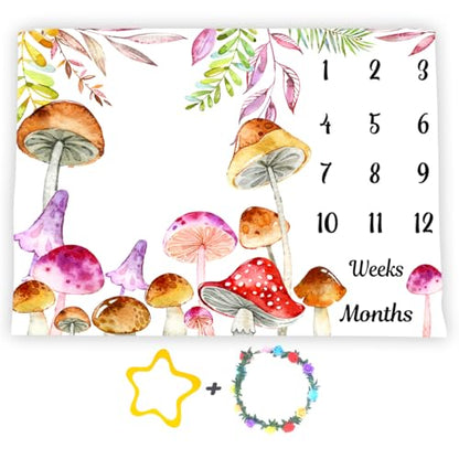 Mushroom Baby Monthly Milestone Blanket Watercolor Tropical, 60x40in - color: Green, size: 60x40in