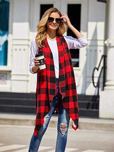 Ivay Womens Plaid Open Front Sweaters Sleeveless Duster Cardigans Drape Lightweight Vest Coat with Pockets - color: Red, size: X-Large