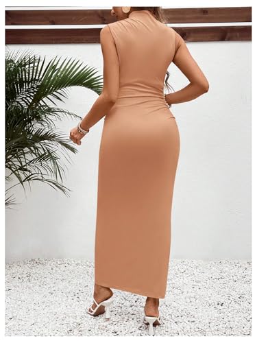 OYOANGLE Women's Maternity Mock Neck Sleeveless Ruched Bodycon Maxi Dress - color: Light Khaki, size: Medium