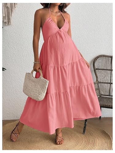 OYOANGLE Women's Summer Boho Maternity Dress Halter Flowy Baby Shower Dress - color: Pink, size: Medium