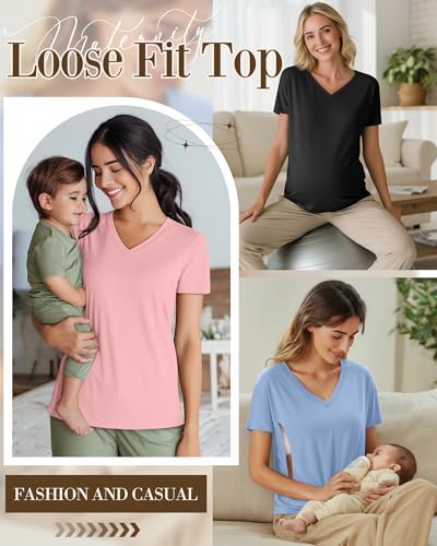 4 Pack Women's Nursing Maternity Shirts - color: Black, Dark Gray, Sky Blue, Light Pink, size: X-Large