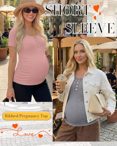 4 Pack Womens Short Sleeve Maternity Shirts - color: Light Pink, Light Blue, Light Heather Gray, Black, size: Small