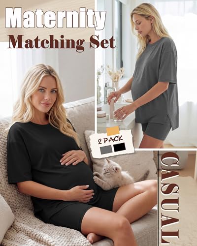 Huukeay 2 Pack Women Maternity Set Pregnancy Outfits - color: Dark Heather Gray, Black, size: Medium