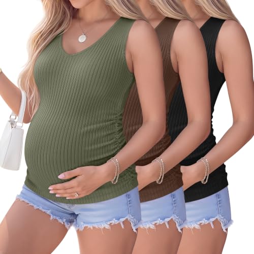 Ficerd 3 Pack Maternity Sleeveless Tank Tops - color: Gray Green, Brown, Black, size: XX-Large