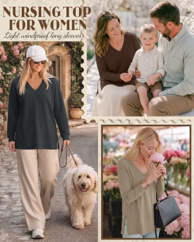3 Pack Women's Nursing Breastfeeding Long Sleeve Shirts - color: Dark Gray, Light Camel, Dark Brown, size: Medium