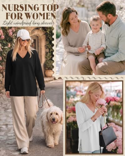 3 Pack Women's Nursing Breastfeeding Long Sleeve Shirts - color: Light Khaki, White, Black, size: Large