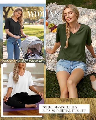 4 Pack Women's Oversize Nursing Tops - color: Army Green, Khaki, White, Black, size: Small