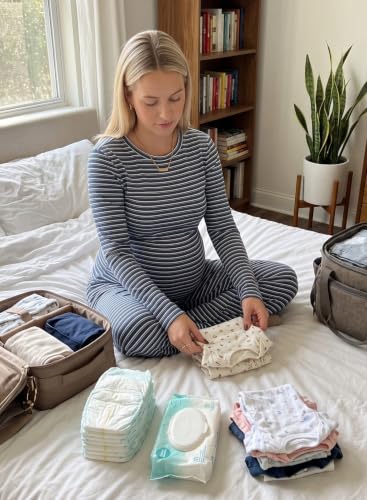 BLENCOT Maternity 2 Piece Outfits Striped Long Sleeve Pregnancy Set - color: Blue, size: Medium