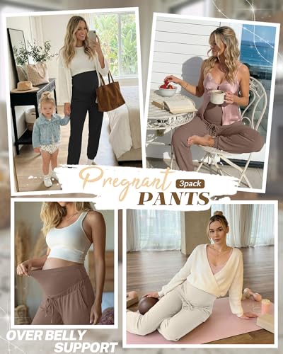 3 Pack Women's Maternity Jogger Pants with Pockets - color: Coffee, Apricot, Black, size: XX-Large