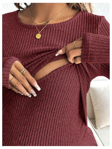 MakeMeChic Women's Maternity Shirts Nursing Top Fall Maternity Clothes - color: Burgundy, size: Small