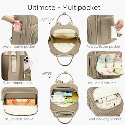 AIJIEKE Diaper Bag Backpack, Large Multi-functional Diaper Backpack, Khaki - color: Brown Taupe