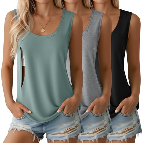 Ficerd 3 Pack Women's Nursing Tank Tops - color: Black, Light Gray, Gray Green, size: Medium