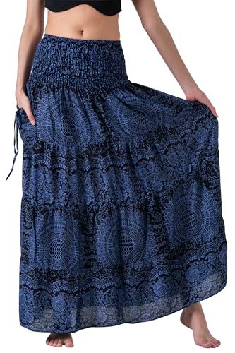 Long Skirts Tiered Maxi Boho Skirt - color: Blossom Navy, size: Small-Medium