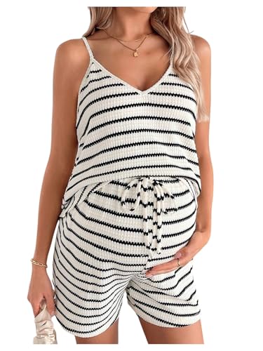 MakeMeChic Women's Maternity 2 Piece Striped Shorts Set - color: Khaki, size: X-Large