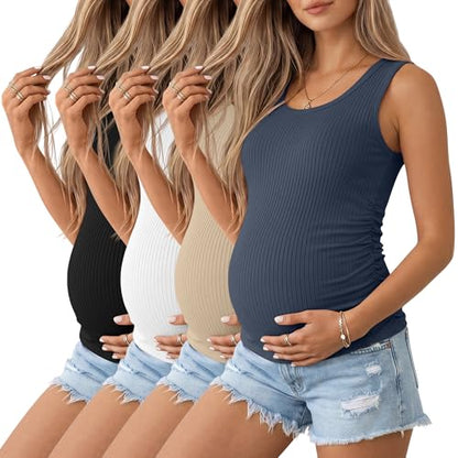 Ficerd 4 Pack Women's Maternity Tank Cotton Tops - color: Black, White, Khaki, Haze Blue, size: Medium