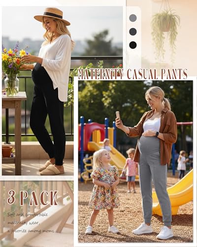 Oakgarden 3 Pack Women's Maternity Pants Over the Belly Joggers - color: Black, Dark Mixed Gray, Light Mixed Gray, size: Small