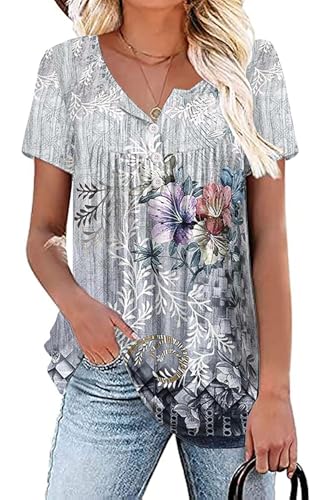 Womens Summer Plus Size Tops Blouses Short Sleeve Shirts Lace Pleated Tunic Tops M-4XL - color: A 01-337-grey, size: Medium
