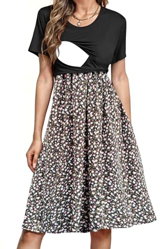 PARNIXS Women's Nursing Dress Summer Short Sleeve Patchwork Pregnancy Clothes with Pockets - color: Pattern 05, size: Large