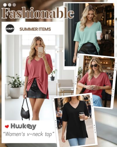 Huukeay 3 Pack Oversized Shirts for Women V Neck - color: Black, Gray Green, Brick Red, size: Small