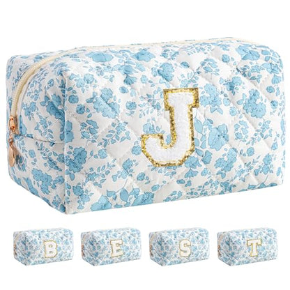 HBselect Personalized Makeup Bag for Women Initial Quilted Toiletry Bag - color: Blue Flower, size: J