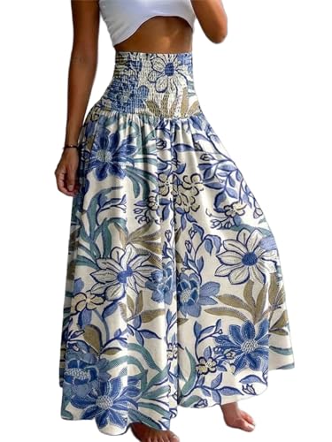 CHICME Womens Boho High Waisted Wide Leg Palazzo Pants Beach Vacation Wear - color: Blue White, size: X-Large