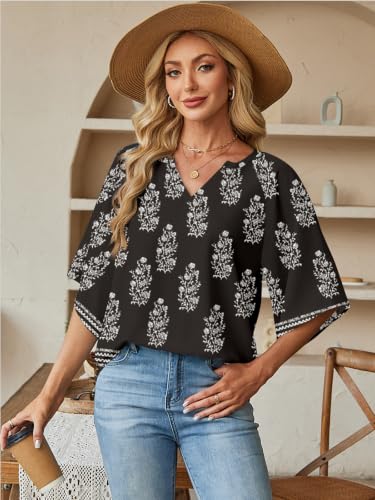 Poetsky Womens Boho Tops V Neck 3/4 Sleeve Blouses Loose Fit Tunic Shirts - color: Black, size: Medium