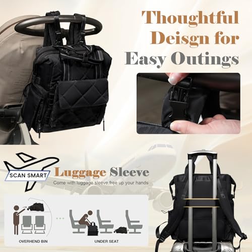 Omanmoli Diaper Bag Backpack Quilted Baby Bag Travel Breast Pump Backpack - color: Black