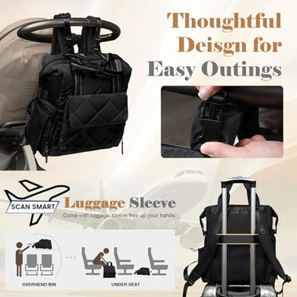 Omanmoli Diaper Bag Backpack Quilted Baby Bag Travel Breast Pump Backpack - color: Black