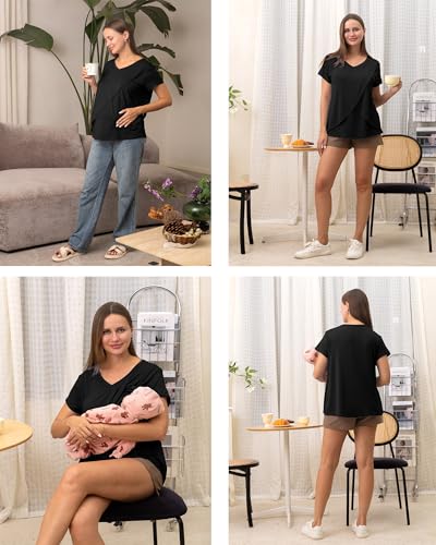 Rnxrbb Summer Nursing Tops Breastfeeding Tshirts Postpartum Clothes Sets - color: Black&purple Red&flecking Grey, size: Small