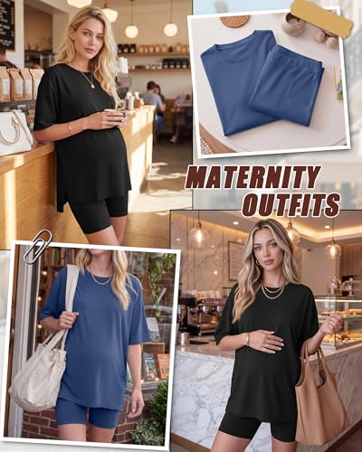 Huukeay 2 Pack Women Maternity Set Pregnancy Outfits - color: Haze Blue, Black, size: Medium