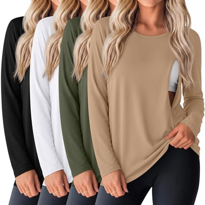 Oakgarden 4 Pack Women Cotton Nursing Tops for Breastfeeding - color: Khaki, Army Green, White, Black, size: X-Large