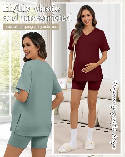 2 Pack Women Maternity Set Pregnancy Outfit - color: Pea Green, Wine Red, size: Medium