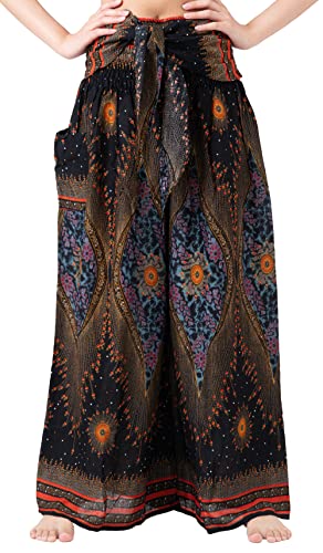 B BANGKOK PANTS Women's Boho Palazzo Pants - color: Black Peacockeye, size: One Size