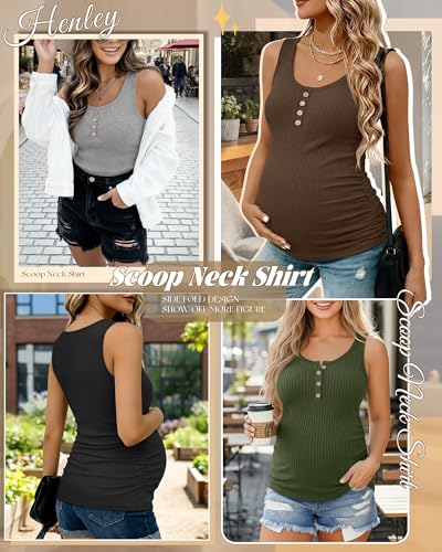 4 Pack Maternity Henley Tank Tops - color: Army Green, Coffee, Light Gray, Black, size: Small