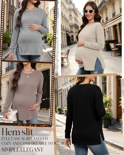 Xaatren 4 Pack Womens Maternity Long Sleeve Shirts Waffle Tops - color: Camel, Beige, Light Gray, Black, size: Medium