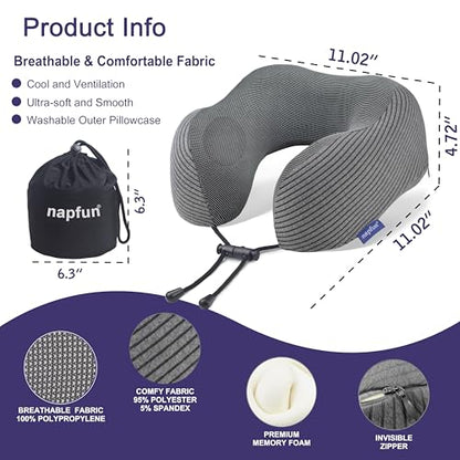 napfun Neck Pillow for Travel, Memory Foam Airplane Pillow, Dark Gray - color: Dark Gray