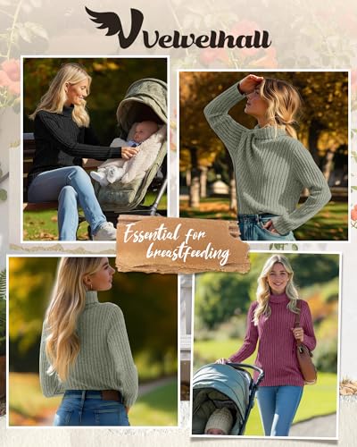 3 Pack Womens Turtleneck Nursing Tops Ribbed Sweaters - color: Wine Red, Gray Green, Black, size: Large