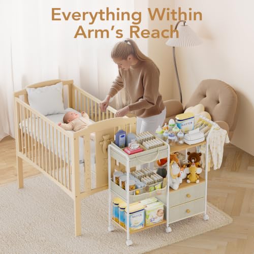 BBLIKE Diaper Caddy Organizer, Baby Storage Cart with Hanging Rack, Beige - color: Beige