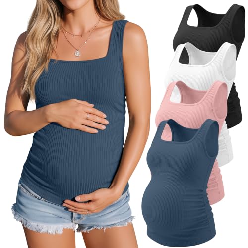 4 Pack Maternity Ribbed Tank Tops - color: Haze Blue, Blush, White, Black, size: XX-Large