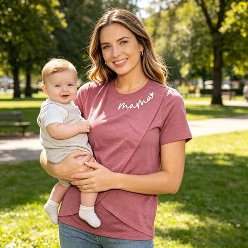 Nursing Breastfeeding Shirt for Women Friendly Double Layer Postpartum Tops - color: Red, size: X-Large