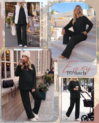 Huukeay Women's Maternity 2 Piece Waffle Outfits Lounge Set - color: Black, size: Small