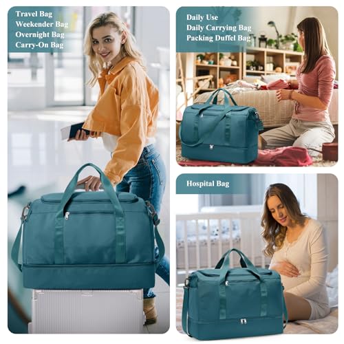 Travel Duffel Bag,Carry-On Overnight Weekender Bags with Shoes Compartment - color: Peacock Blue, size: Small