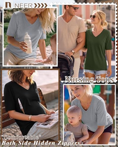 Neer 3 Pack Women's Nursing Shirts Breastfeeding Tops - color: Army Green, Gray, Black, size: Medium