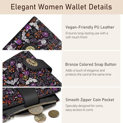 Kelvoris Goth Bats Spiders Web Small Rfid Women Wallet Zipper Coin Pocket - color: Bats and Spiders